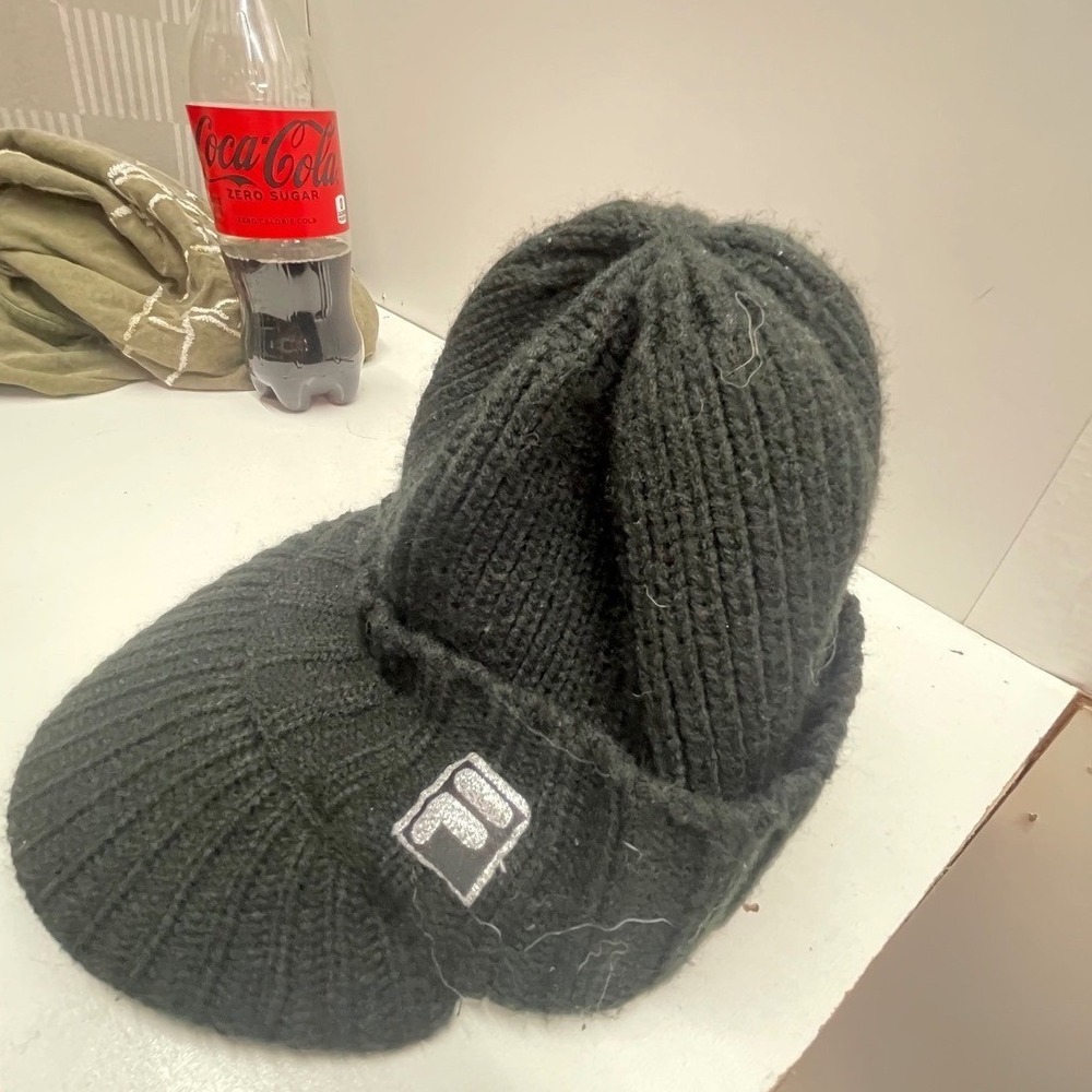 Fila Knit Visor Beanie Hat Black Ribbed Winter Cap